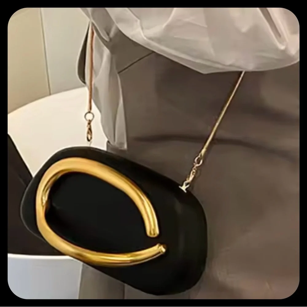 UNIQUE STYLE BLACK WITH GOLD CLUTCH OR CROSSBODY HANDBAG-VEGAN LEATHER‎-NWT